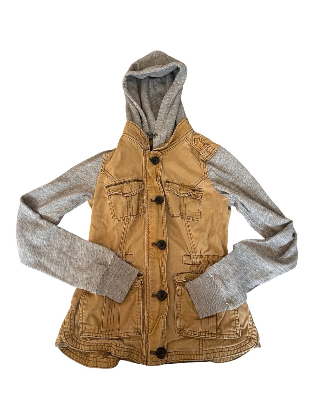 Abercrombie & Fitch Tan Canvas Body Jean Jacket with Gray  Hood & Sleeves Sz xs